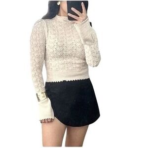 MNG Mango Womens Cream Pointelle Knit Bobble Bell Sleeve Mock Neck Top Size M